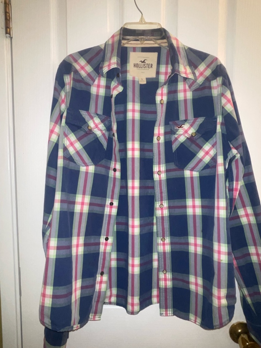Hollister Navy, White & Pink Plaid Button-Down Shirt